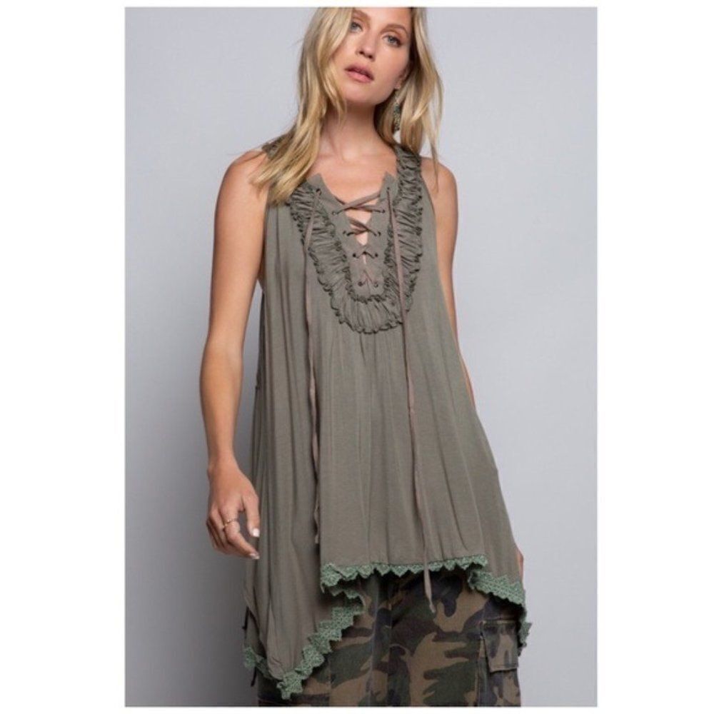 𝅺tunic Top with Ruffled Lace Up Olive Sleeveless